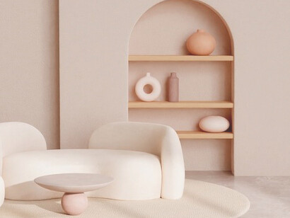 3D room decor in minimalist beige tones, highlighting sculptural furniture, contemporary design, artistic pieces, and functional art