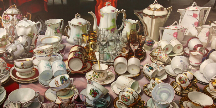 Caption of the porcelain painting is: Margaret Morrison "Keramikos", 2017, Oil on canvas, 72 x 96 inches; 182.9 x 243.8 cm; Courtesy of Woodward Gallery, NYC