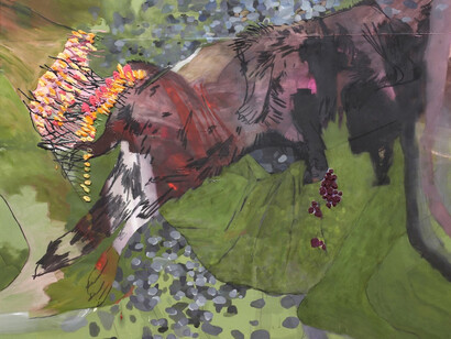 Gina Magid, Roadkill Racoon, 2011, Oil paint and charcoal on green satin, 37 x 42 in (94 x 107 cm)