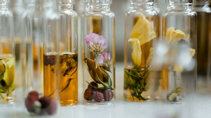 Clear glass perfume bottles filled with liquid and decorated with dried flowers
