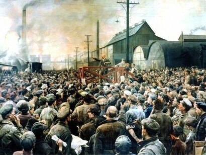«Lenin dirigiéndose a los trabajadores de la planta Putilov» (1929), Isaak Izrailevich Brodsky
