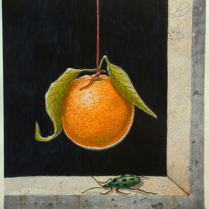 Jon Christopher Gernon - Tangerine and Green Beetle - watercolor & pencils on paper, 9 x 10in