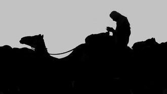 Hombre en el desierto durmiendo montado
