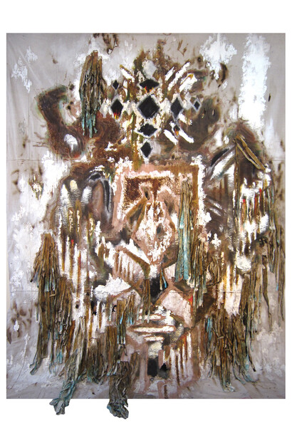 Michael Maxwell, Phosphenes: Phoenix For The American Republic, 2012, Clay, quartz crystal, natural pigments, obsidian, silver leaf, beeswax, shellac, charcoal, acrylic and oil on canvas, 126 x 97 inches, Copyright Michael Maxwell. Courtesy Driscoll Babcock Galleries  