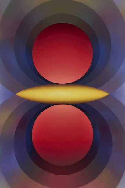 Loie Hollowell, Overview effect in red and yellow with large mandorla, 2024. Courtesy of Pace Gallery