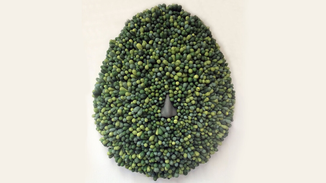 Jessica Calderwood, Protrusion, 2015,Earthenware, milk paint, polymer clay, stainless steel. 