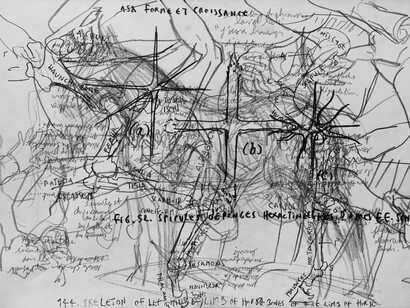 Joël Person, Palimpseste, encre et pierre noire sur papier, 2020 42x32, premier état