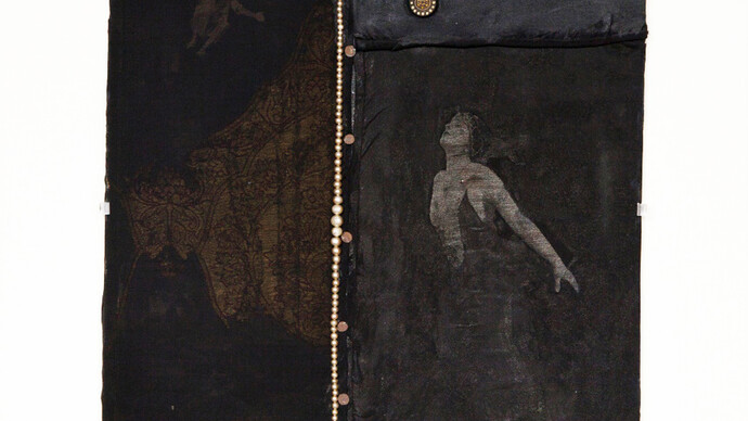 Bruce Conner, Untitled (Pearl Necklace), October 9 1958, mixed media assemblage, with paint, silk, photo collage and pearls, 11 5/8 X 11 3X16 X 1/2 inches