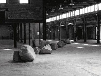 Richard Nonas, Slant (Stones), 2013, 125 Feet Long, Knockdown Center, Maspeth, Queens, New York, NY. ©Richard Nonas. Courtesy of Fergus McCaffrey Gallery