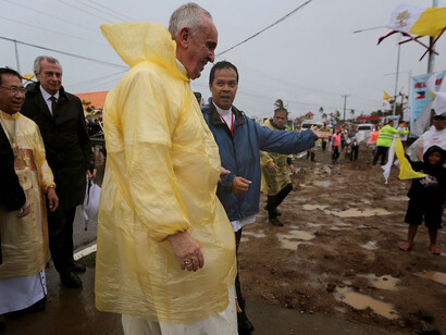 Pope Francis visits the Typhoon Yolanda victims in one of the areas in Palo, Leyte, January 17, 2015, Philippines