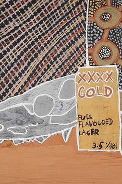 Graham Tipungwuti, Pajungwani amintiya pwoja bong-bong XXXX (Death with pig skull cigarettes XXXX) (detail). Courtesy of Outstation Gallery