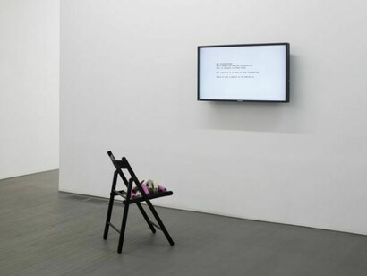 A Spare Rug for Love (But Not for a Dog) and a Chair Too, 2014, Ikea ‘Terje’ chair (black), 12, mild steel rods wrapped, wadding, various fabrics and thread, digital video animation, 1.2 x 12.6 inches (10 rods), 1.2 x 5.5 inches (2 rods), 30.3 x 17.3 x 20.1 inches (sculpture) 5 minutes looped (video)