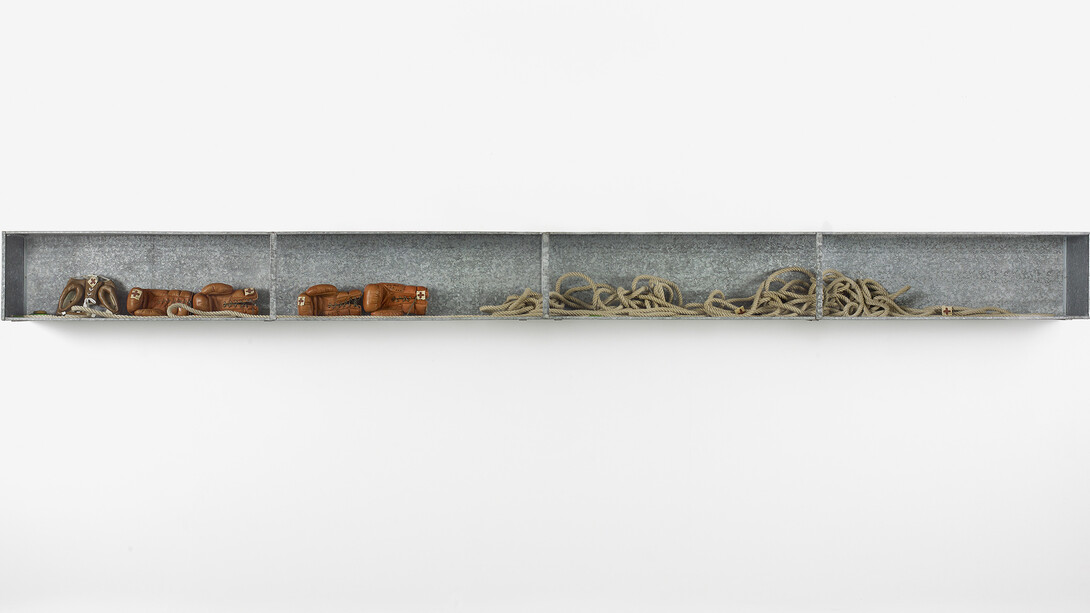 Joseph Beuys, Boxkampf für die direkte Demokratie, 1972, Mixed media in tin and glass vitrine, 40 x 515 x 30.5 cm. Courtesy of Waddington Custot