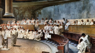 A fresco by Cesare Maccari (1840-1919) depicting Roman senator Cicero (106-43 BCE) denouncing Catiline's conspiracy to overthrow the Republic in the Roman senate. (Palazzo Madama, Rome), Italy