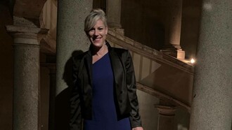 Jill Alexy at the Bramante Staircase in the Vatican Museums in Vatican City
