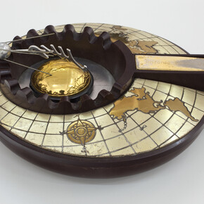 Gabriel Orozco, Satellite Sputnik on Ashtray, 2014, Base metal, plastic, Overall: 44 x 16 1/4 x 21 in. (111.8 x 41.3 x 53.3 cm) Ashtray: 3 x 7 x 7 in. (7.6 x 17.8 x 17.8 cm)