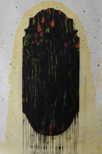 Elena Hamerski, Foresta Nera - Callistemon Citrinus, 2017, olio di lino, pastelli acquerellabili e carbone su carta, cm 220x150. 