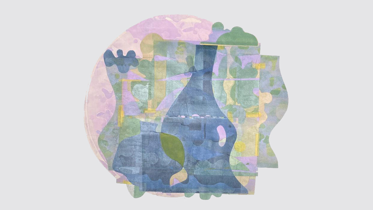 Karin Bruckner, Sicmunduscreatusest, 2023. Oil Monotype Chine Collé On White Bfk Rives Printmaking Paper Hand Pulled By Artist on Etching Press Hand Finished with Paper Cuts, Folds, and Metal Leaf, 26 X 26 Inches;29 X 29 Inches. Courtesy of Susan Eley Fine Art
