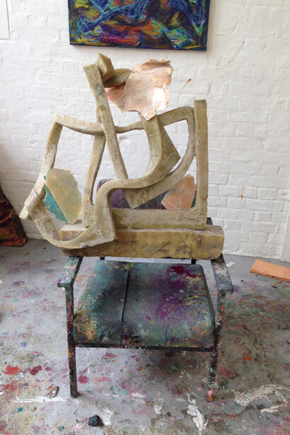 Gabriel Hartley, Bod, 2014, Paper, foam, resin, oil paint, 82 x 70 x 30 cm, on artist's chair by Remploy (63 x 70 x 70 cm)
