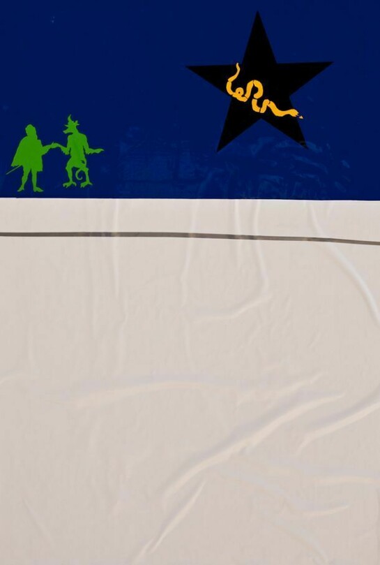 Lain York. Wolcott Receives his Appointment fromSelections from the National Gallery, 2012.Vinyl, acrylic paint, correct tape, and graphite on panel, 24 x 16 x 4 3/4 in. Courtesy of the artist. © Lain York