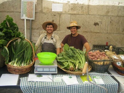 Agricultores vendiendo sus productos en el Día de Mercado de la Casa de Campo, Madrid