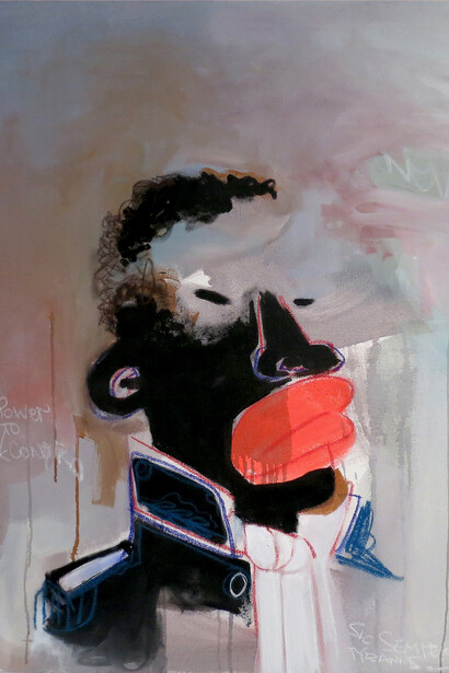Jayone, The Power to Conquer One, 2012, 90 x 100 cm, acrilico e pastelli ad olio su tela