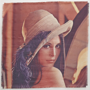 Dan Halter, Lenna (The First JPEG), 2014, Hand-woven archival ink-jet print, 193 x 193 cm, Copyright the artist, Courtesy Tyburn Gallery