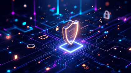 A glowing shield rises from a digital network, representing advanced cybersecurity protection in the digital age, emphasizing child protection technology and the role of AI in securing online spaces