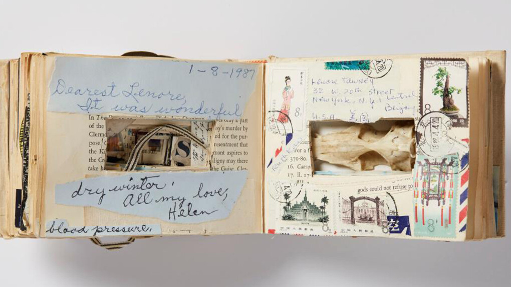 Lenore Tawney, Artist book with rodent skull, c. 1985; paper, bone, and ink; 4 x 5 3/4 x 3 1/2 in. Courtesy of the Lenore G. Tawney Foundation, New York. Photo: Rich Maciejewski, 2018.

