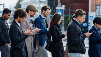 Smartly dressed professionals walk past a modern glass office building, absorbed in their smartphones and seemingly disconnected from the people around them