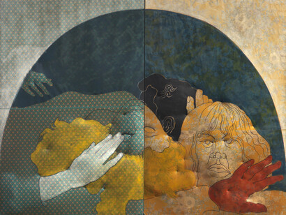 Cesare Tacchi, Per i Beatles, 1965
Painting on cloth relief laid on panel
cm 200 x 260 / in 78.74 x 102.36
(two panels of cm 200 x 130 / in 78.7 x 51.2)
Courtesy Tornabuoni Art