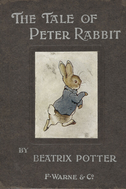 The cover of Beatrix Potter's 1902 edition of The Tale of Peter Rabbit on display in Animal Tales at the British Library