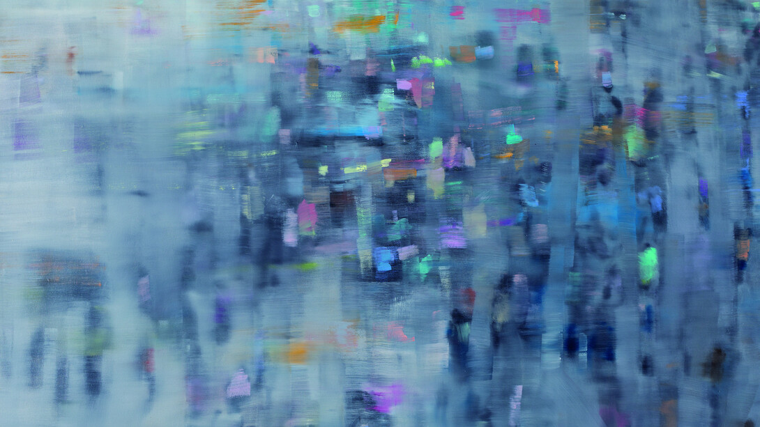 Oona Hassim Wandering Crowds I, (London), 2011. Oil on canvas, 71 x 104 cm. Courtesy Woolff Gallery. Photo: Lucid Plane
