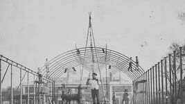 Exterior view of the roof of the South Kensington Museum (the 'Brompton Boilers') under construction, albumen print, 1856. Museum no. 34:966 CIS. © Victoria and Albert Museum, London.