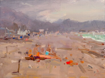Beach in Montenegro, 2021. Oil on linen, 30 × 40 cm. © Barry John Raybould