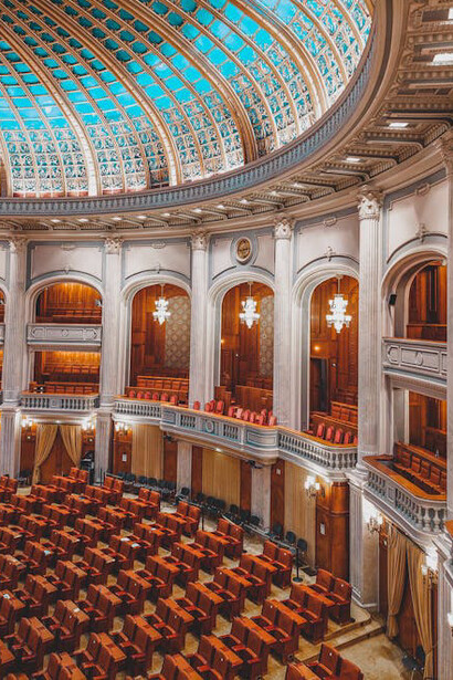 The empty seating in the chambers, representing the anticipation for the upcoming EU elections