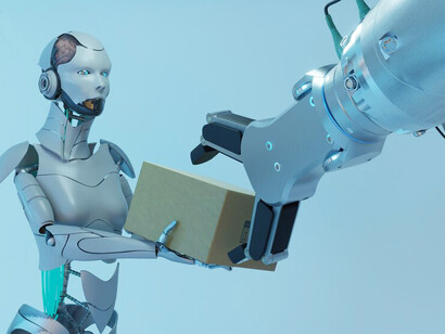 Advanced robots working together to lift and transport boxes in a high-tech logistics facility