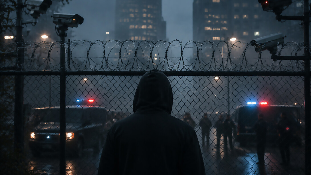 A solitary figure stands before a surveilled city, where security and control blur the boundaries of freedom