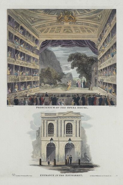 H Cook engraving after picture by G Jones, Proscenium of the Opera House c1828 © Gerald Coke Handel Foundation