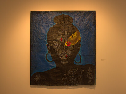 Réparation (2022), presented on black canvas stretched over a frame, Ébalé Collection by Catheris Mondombo