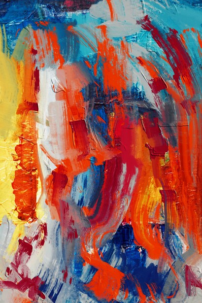 A modern abstract artwork featuring bold orange, red, and green tones