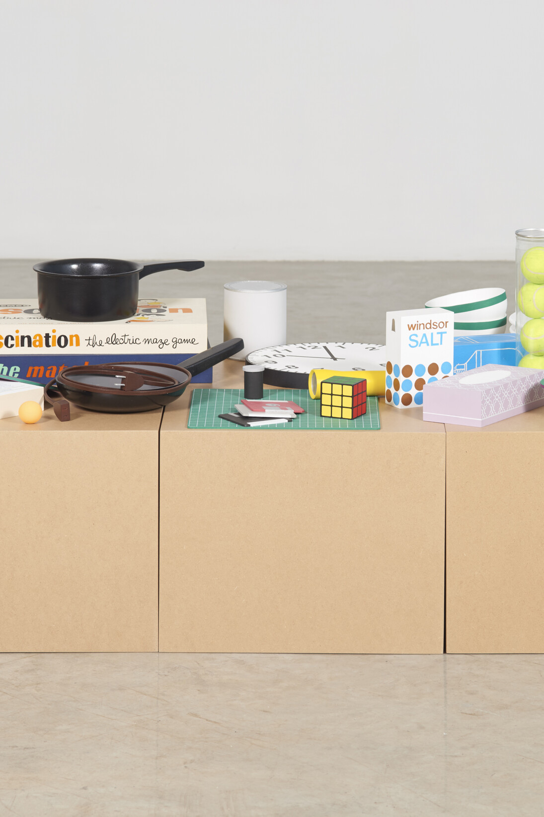 Roula Partheniou, Packed Boxes with Clutter, 2015, acrylic and enamel paint on wood and MDF, flocking on foam balls, 54 x 28 x 28 inches