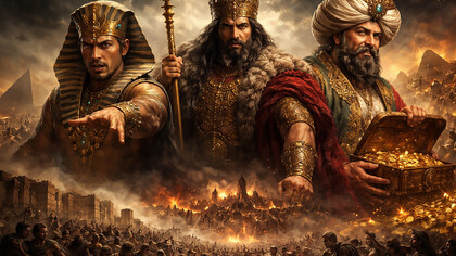 A composite vision of power, wealth, and ideological domination—three ancient archetypes of tyranny standing above a world shaped by fear, spectacle, and human suffering