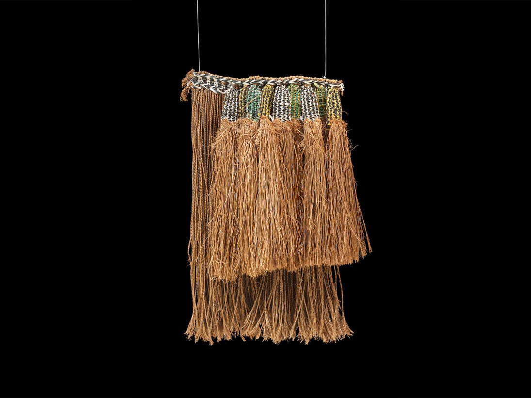 From the Belmacz archive curated by May Cornet, Dutch East Indies (Indonesia), tribal, ceremonial menswear, c. 1950s, grass, plastic, 38.5 × 22 cm