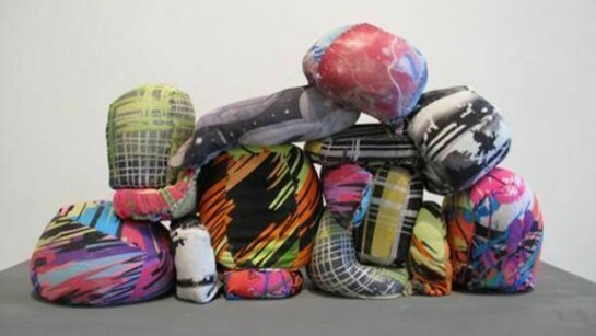 Christopher Astley, Elementary Wequiahments I, 2013, acrylic dye on raw linen, glazed ceramic, 28 x 36 inches