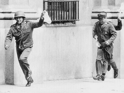 Military loyal to Allende surrender before the attack on the La Moneda Palace in 1973, Santiago de Chile