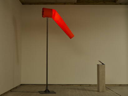 Fiona Banner, Agent Provocateur 2015, Heart of Darkness magazine, plinth with graphite, fabric windsock, electrically powered fan, LED light, mixer and stand, Dimensions variable, Courtesy the artist and Frith Street Gallery, London 
