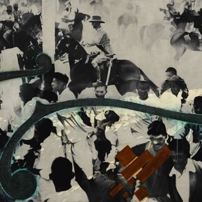 Atul Dodiya, ‘Police Riders, Bombay, April 1930’, 2014, Oil on canvas, 137,2 x 198,1 cm / 54 x 78 in, Courtesy of the artist and Galerie Daniel Templon, Paris & Brussels