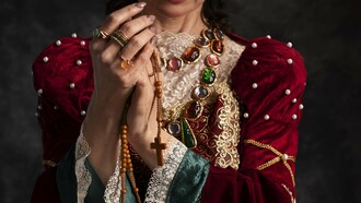 In a crimson velvet gown adorned with pearls and jewels, this figure illustrates how queens used opulent attire and accessories to shape enduring fashion trends