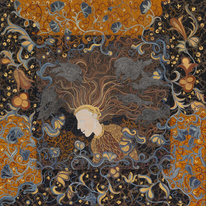 Stephanie Wilde, 20/20 Vision-Blind Leading the Blind, 2020-2021, ink, acrylic, gesso, and gold leaf on museum board. Courtesy the artist and Stewart Gallery